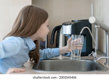 Child Open Water Tap. Kitchen Faucet. Glass Of Clean Water. Pouring Fresh Drink. Hydration. Healthy Lifestyle. Water Quality Check Concept. World Water Monitoring Day. Environmental Pollution Problem
