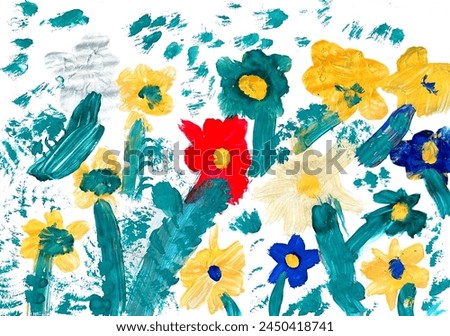 Child  painted flowers meadow, springtime, summer mood. Mothers Day greeting card. Preschool education.