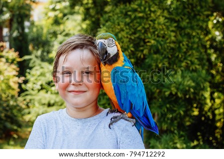 A child with a parrot Ara on his shoulder