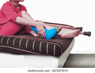 Child Patient In Splint Leg Compression Knee Brace Support Injury On The Bed In Nursing Hospital.healthcare And Medical Support.