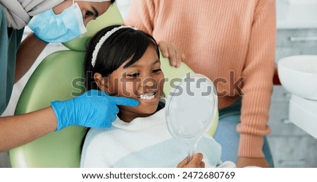 Child, pediatric dentist or checkup of teeth in surgery or family friendly examination of tooth. Girl, parent and support in orthodontist chair for trust and gentle with mirror for kids dental care