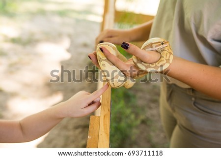 Child petting a snake with handler