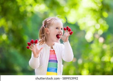 Child Picking Raspberry. Kids Pick Fresh Fruit On Organic Raspberries Farm. Children Gardening And Harvesting Berry. Toddler Kid Eating Ripe Healthy Berries. Outdoor Family Summer Fun In The Country.