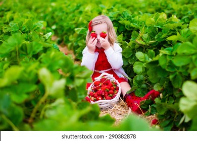 Child picking strawberries. Kids pick fresh fruit on organic strawberry farm. Children gardening and harvesting. Toddler kid eating ripe healthy berry. Outdoor family summer fun in the country. - Powered by Shutterstock