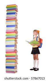 Child With Pile Of Books. Isolated.