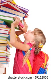 Child With Pile Of Books. Isolated.