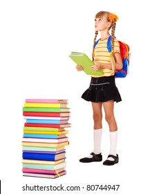 Child With Pile Of Books. Isolated.