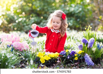 Child Planting Spring Flowers In Sunny Garden. Little Girl Gardener Plants Hyacinth, Daffodil, Snowdrop In Flower Bed. Gardening Tools And Water Can For Kids. Family With Children Work In The Backyard