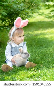 Child play with real rabbit at Easter egg hunt with pet bunny. Little toddler girl playing with animal in garden. Cute funny girl with Easter eggs and bunny ears at garden. easter concept. - Shutterstock ID 1591345555
