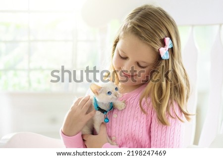 Child playing with baby cat. Kid holding white kitten. Little girl with cute pet animal sitting on couch in sunny living room at home. Kids play with pets. Children and domestic animals.