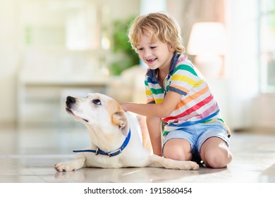 Child Playing With Baby Dog. Kids Play With Puppy. Little Boy And Large Dog At Home. Children And Friendship. Kid Sitting On The Floor With Pet. Animal Care.