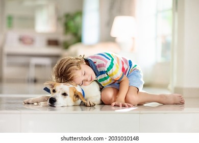 Child Playing With Baby Dog. Kids Play With Puppy. Little Boy And Large Dog At Home. Children And Friendship. Kid Sitting On The Floor With Pet. Animal Care.