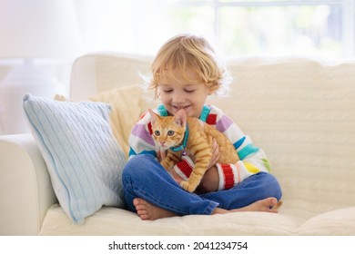 Child Playing With Cat. Kid Holding Kitten. Little Boy Snuggling Cute Pet Animal Sitting On Couch In Sunny Living Room At Home. Kids Play With Pets. Children And Domestic Animals.