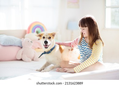 Child Playing With Dog. Girl And Large Dog Relaxing On White Bed At Home. Children And Friendship. Kids Play With Puppy. Kid Hugging Pet. Animal Care. Sunny Morning, Family Time.