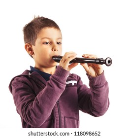 Child Playing Flute, Isolated On White Background.