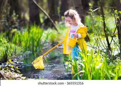 Child Playing Outdoors. Preschooler Kid Catching Frog With Colorful Net. Little Girl Fishing  In Summer. Adventure Kindergarten Day Trip Into Wild Nature, Young Explorer Hiking And Watching Animals.