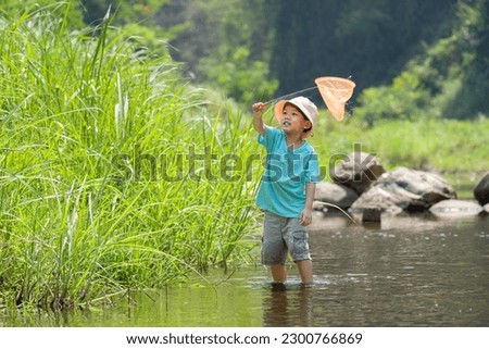 Child playing outdoors. Preschooler kid catching insect with colorful net.Little ิboy catching insect in a forest river in summer. Adventure kindergarten day trip into wild nature, young explorer .