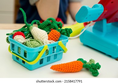 Child Playing Shopping In Toy Shop. Educational Toys And Role Game For Kids. Kindergarten Or Preschool Play Room. Toddler Kid At Day Care Playground. Grocery Store Or Supermarket For Children.