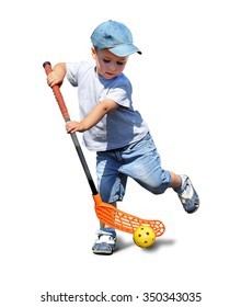 A child plays floorball.Stick and ball games in floorball.The isolated image on a white background