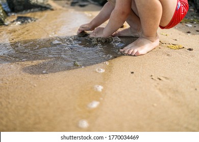 child plays with sand on the beach, in the frame legs and arms