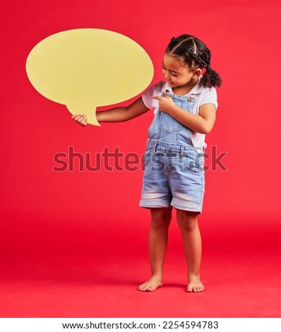 Child, pointing or speech bubble in ideas, opinion or vote on isolated red background in social media, vision or news. Smile, happy or kid showing banner, paper or cardboard poster in speaker mockup