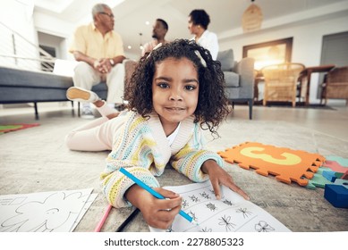 Child portrait  coloring homework   pencil art girl lying living room carpet and family at home  House  color drawing learning   creative development young kid and school book