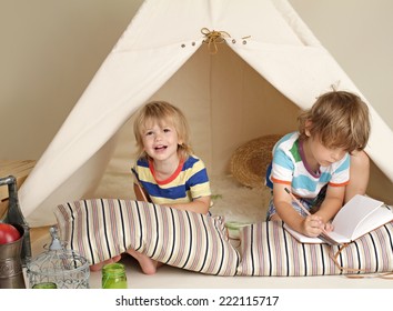 Child, Preschooler Kids, Playing At Home Indoors With A Teepee Tent