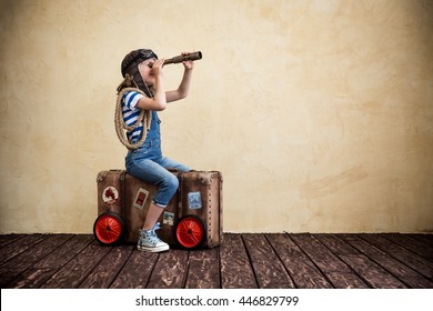 Child Pretend To Be Sailor. Kid Having Fun At Home. Summer Vacation And Travel Concept