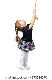 Child Pulling A Rope From Top, Isolated On White