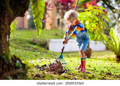 Child And Rake In Autumn Garden. Kid Raking Leaves In Fall. Gardening In Foliage Season. Little Boy Helping With Backyard Cleaning. Leaf Pile On Lawn. Kids Help With Chores. Children Play Outdoor.