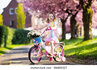 Child Riding A Bike On A Street With Blooming Cherry Trees In The Suburbs. Kid Biking Outdoors In Urban Park. Little Girl On Pink Bicycle. Healthy Preschool Children Summer Activity. Kids Play Outside