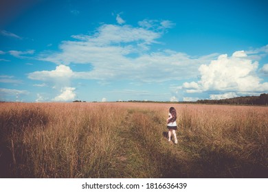 The child runs through the field in the background of the sky