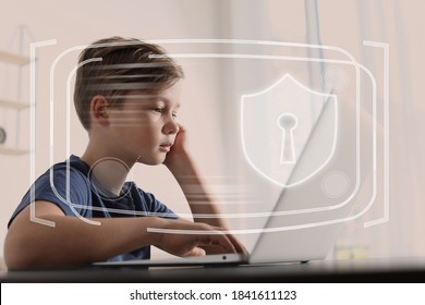 Child Safety Online. Little Boy Using Laptop At Home. Illustration Of Internet Blocking App On Foreground