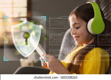 Child safety online. Little girl using tablet at home. Illustration of internet blocking app on foreground