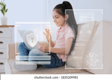 Child Safety Online. Little Girl Using Laptop At Home. Illustration Of Internet Blocking App On Foreground