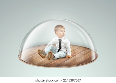 Child Safety, Overprotection, A Little Boy Sits Under A Glass Dome, Cap. Vaccinations, Protection Against Viruses And Diseases, Maternal Love, Immunity.