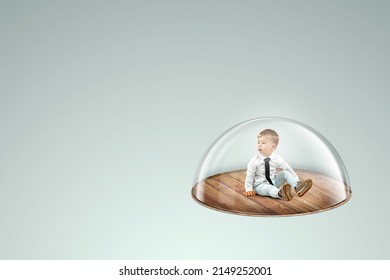 Child Safety, Overprotection, A Little Boy Sits Under A Glass Dome, Cap. Vaccinations, Protection Against Viruses And Diseases, Maternal Love, Immunity.