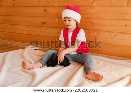 Child in Santa Claus costume plays with black rabbits. Boy stroke domestic animals. Zoo therapy with furry pets. Merry Christmas and happy New Year. Hare is the symbol of 2023 by the Chinese calendar. Stock photo © 