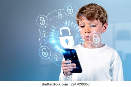 Child school boy with smartphone, digital cybersecurity hologram with glowing lock circuit. Cybersecurity hud and connection. Concept of data protection - Powered by Shutterstock