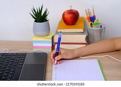 Child, Schoolboy, Writes Words, Letter To Friend In English In A Notebook With Pen, Education Concept, Elementary School, Hand Development, Chatting With Distant Pen Pal, Back To School, School Load