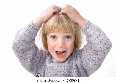 Child Scratch Head That Itch Or Holds Head In Frustration Or Anger Whilst Screaming. Boy Isolated On White