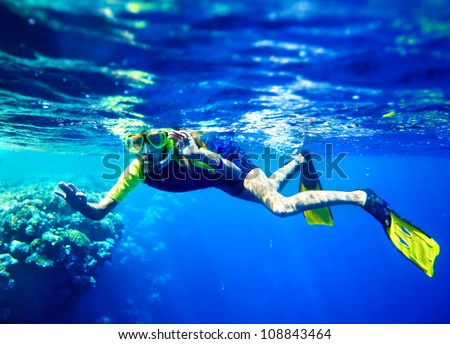 Similar – From below full body of unrecognizable active teen boy wearing yellow flippers snorkeling by coral reef in deep ocean with crystal clear waters at Menorca