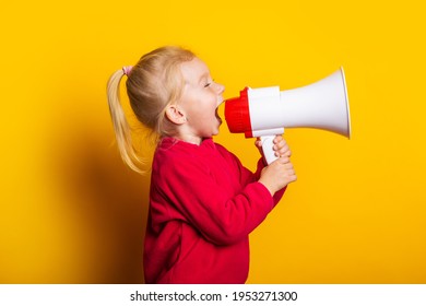 child shouts into a white megaphone on a bright yellow background.