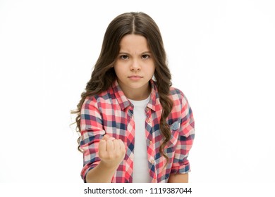 Child Show Fist Gesture Isolated On White. Little Girl With Long Curly Hair Feel Anger. Girls Power. Protection Of Children's Rights, Sense Of Justice. My Word Law. Beauty Look.