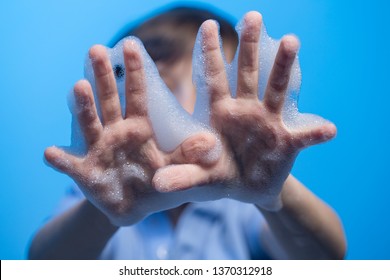 Child Showing His Hands With Soap Lather, Cleaning And Hygiene Concept, Fighting Coronavirus Covid19 Pandemic