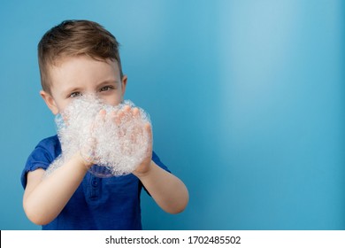 Child Showing His Hands With Soap Lather, Cleaning And Hygiene Concept.Cleaning Your Hands Frequently With Water And Soap Will Help Prevent An Epidemic From Pandemic Virus.