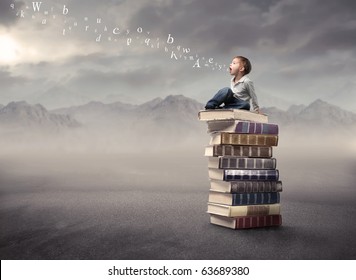 Child Sitting On A Stack Of Books With Letters Coming Out Of His Mouth