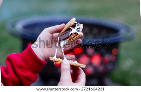 child with s'more in front of a fire pit