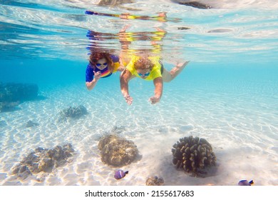 Child Snorkeling. Kids Swim Underwater. Beach And Sea Summer Vacation With Children. Little Girl Watching Coral Reef Fish. Marine Life On Exotic Island. Kid Swimming And Diving With Snorkel And Mask.