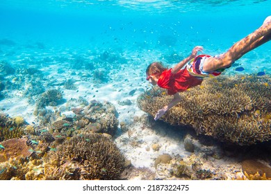 Child Snorkeling. Kids Swim Underwater. Beach And Sea Summer Vacation With Children. Little Girl Watching Coral Reef Fish. Marine Life On Exotic Island. Kid Swimming And Diving With Snorkel And Mask.